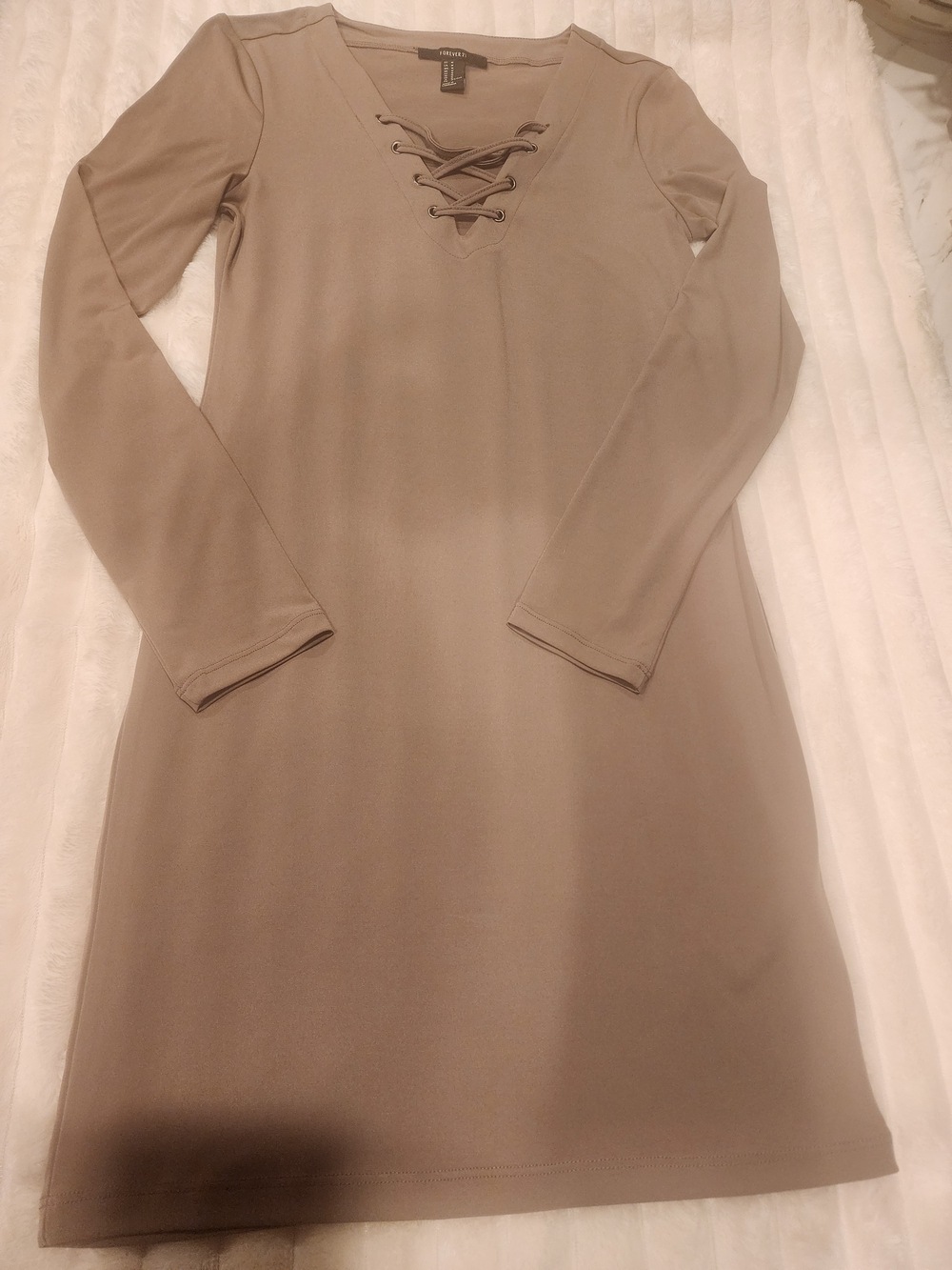 Forever 21 Taupe Lace-Up V-Neck Long Sleeve Dress